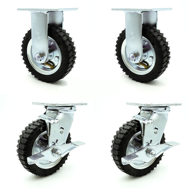 6 Inch Black Pneumatic Wheel Caster Swivel with Brakes and 2 Rigid SCC, 2PK